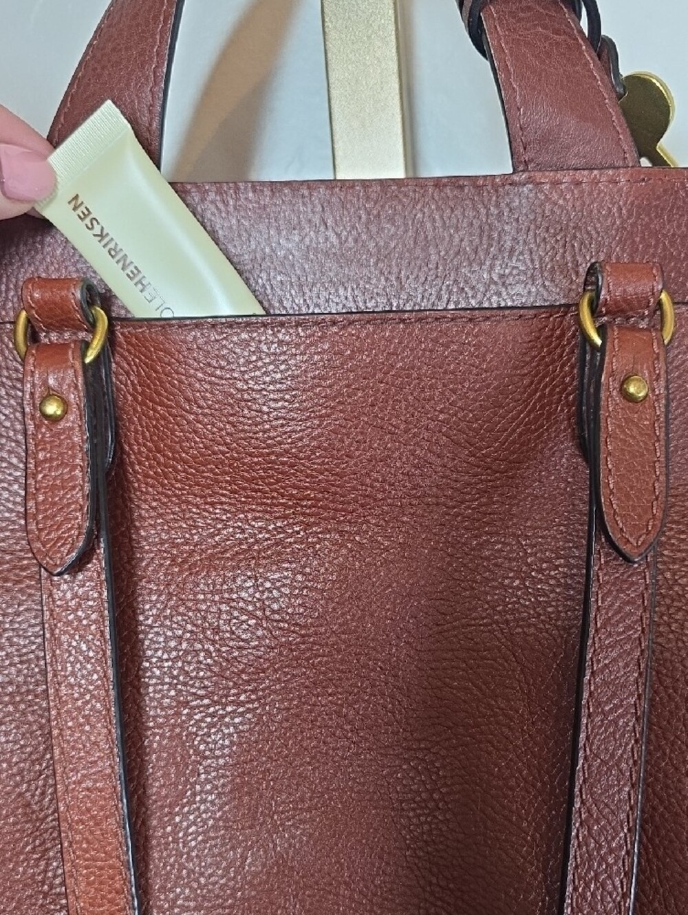 Fossil Amelia Brown Pebbled Leather Convertible Backpack Top Handle Bag Gold Key - Picture 8 of 16